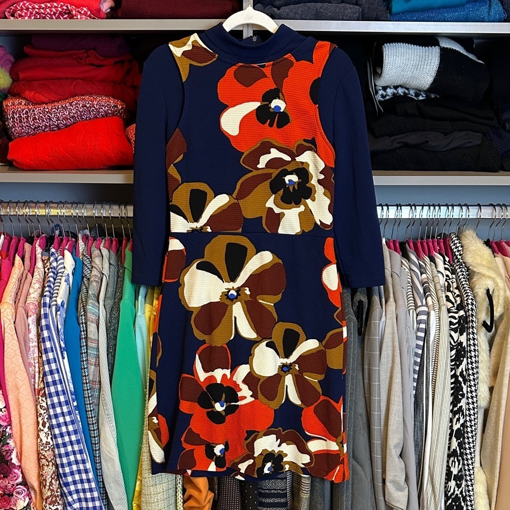 Eci navy/orange floral 3/4 sleeve mock neck back zipper closure dress size S